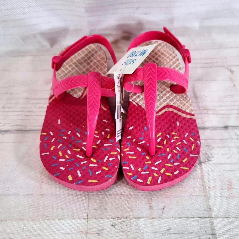 Girls Flip Flop Sandals Pink Ice Cream Sprinkles Kids Size Medium 7/8‎